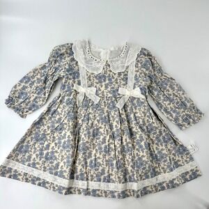 Blue Floral Cotton Lace Collar Dress Long Sleeve Cottagecore Kids Size 80/ 12M
